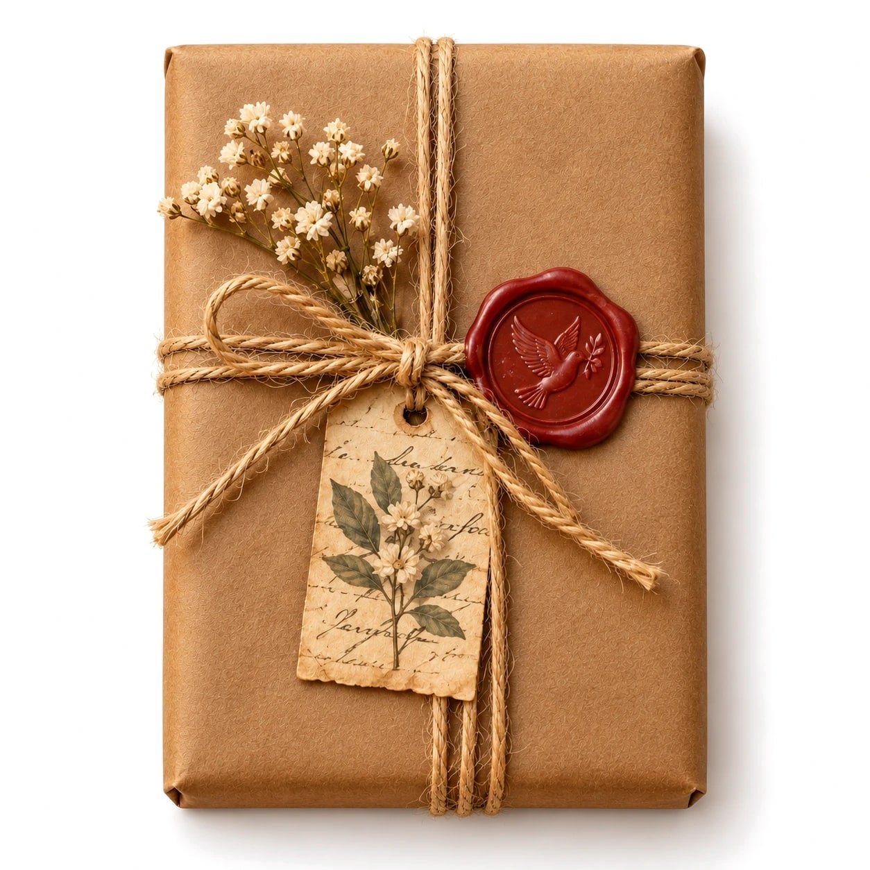 A gift wrapped in brown paper and twine, sealed with a dove